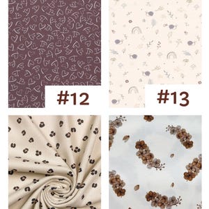 May include: A collage of four fabric patterns labeled #12 through #15. Pattern #12 features white hand-drawn hearts on a dark plum background. Pattern #13 shows snails, rainbows, and foliage on cream. Pattern #14 is a beige ribbed fabric with black leopard spots. Pattern #15 displays brown floral clusters on a light background.