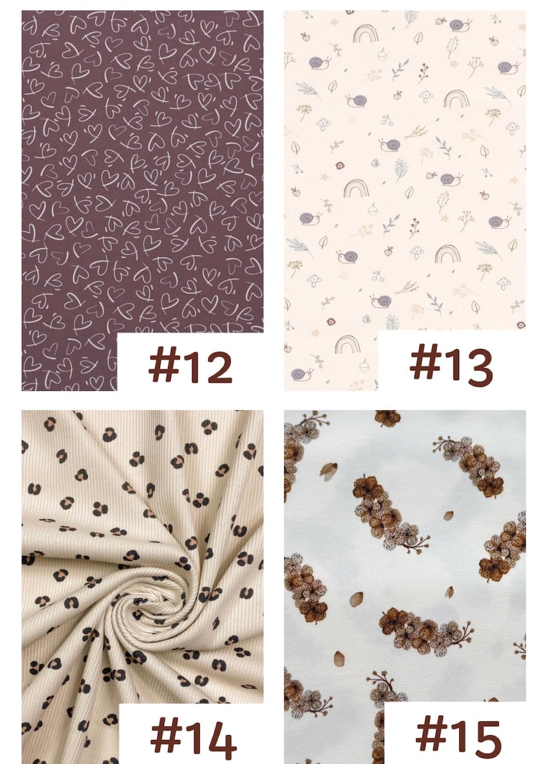 May include: A collage of four fabric patterns labeled #12 through #15. Pattern #12 features white hand-drawn hearts on a dark plum background. Pattern #13 shows snails, rainbows, and foliage on cream. Pattern #14 is a beige ribbed fabric with black leopard spots. Pattern #15 displays brown floral clusters on a light background.