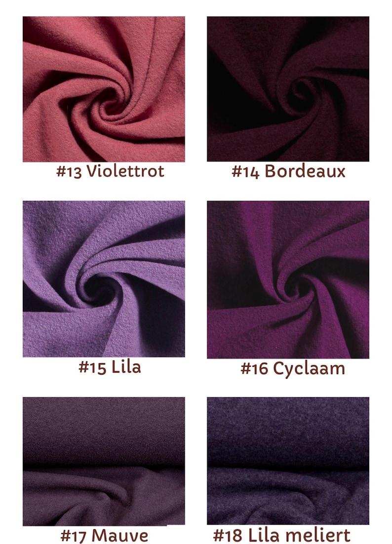 May include: A grid of six fabric swatches in various shades of purple and red. The swatches are labeled #13 Violettrot, #14 Bordeaux, #15 Lila, #16 Cyclaam, #17 Mauve, and #18 Lila meliert, each showing a textured, folded fleece-like material.