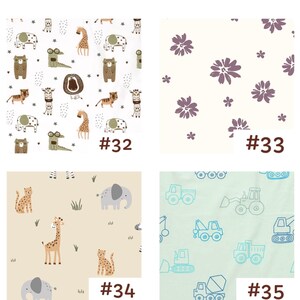 May include: A collage of four fabric patterns: #32 features cartoon animals on white, #33 shows purple flowers on cream, #34 displays safari animals on beige, and #35 depicts blue construction vehicles on a light green background.