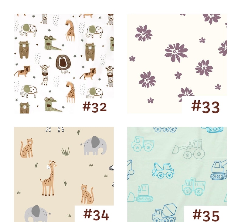 May include: A collage of four fabric patterns: #32 features cartoon animals on white, #33 shows purple flowers on cream, #34 displays safari animals on beige, and #35 depicts blue construction vehicles on a light green background.