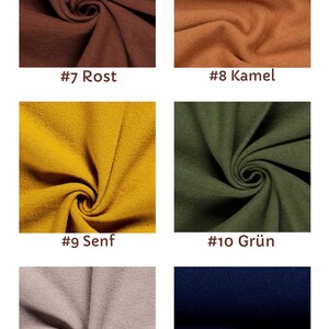 May include: A grid of six fabric swatches in various colors, each labeled with a number and name: #7 Rost (rust), #8 Kamel (camel), #9 Senf (mustard yellow), #10 Gr&uuml;n (green), #11 Beige-Grau (beige-gray), and #12 Dunkel Blau (dark blue).