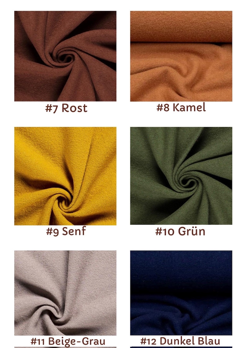 May include: A grid of six fabric swatches in various colors, each labeled with a number and name: #7 Rost (rust), #8 Kamel (camel), #9 Senf (mustard yellow), #10 Gr&uuml;n (green), #11 Beige-Grau (beige-gray), and #12 Dunkel Blau (dark blue).