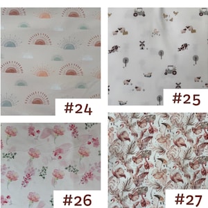 May include: A collage of four fabric patterns: #24 features sun motifs in terracotta and blue on beige; #25 shows farm scenes with tractors and sheep on white; #26 displays pink floral prints; #27 depicts flamingos and palm leaves in brown and pink.