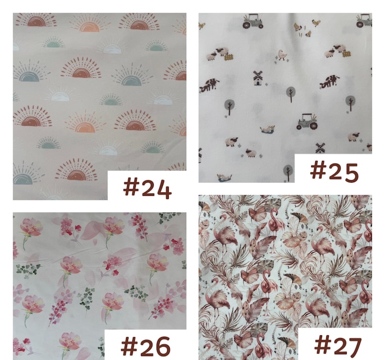 May include: A collage of four fabric patterns: #24 features sun motifs in terracotta and blue on beige; #25 shows farm scenes with tractors and sheep on white; #26 displays pink floral prints; #27 depicts flamingos and palm leaves in brown and pink.
