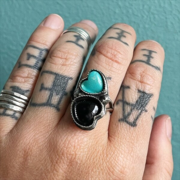 Turquoise + Black Onyx Hearts Sterling Silver Ring