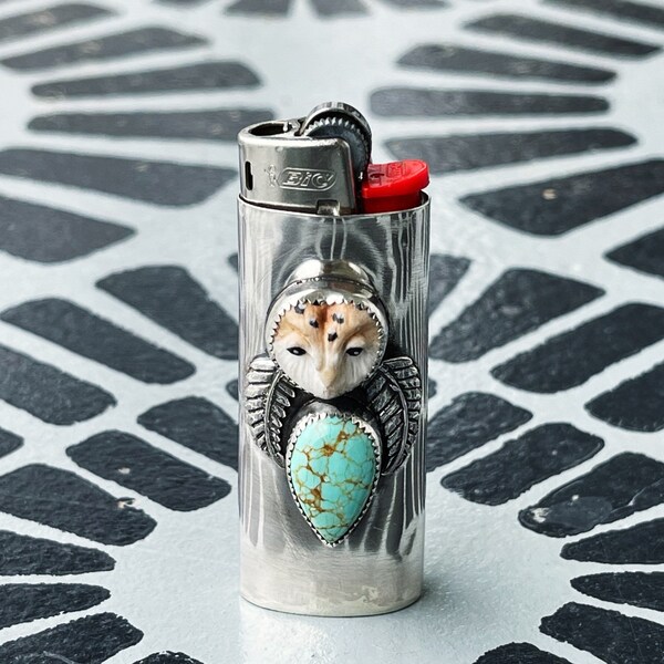 Owl Magic Sterling Silver Lighter Case with No. 8 Turquoise