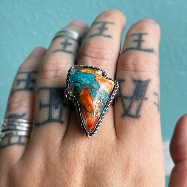 Spiny Oyster + Turquoise Bolt | Sterling Silver Ring