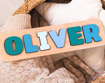 Rompecabezas azul con nombre para niño - Rompecabezas de madera personalizado - Juguete Montessori - Regalo personalizado para niños pequeños