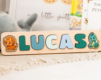 Rompecabezas de nombres de dinosaurios para niños pequeños - Regalo de primer cumpleaños de dinosaurios - Juguetes Montessori personalizados - Pascua para niños