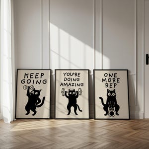 Lustige Gym Cat Art Set, schwarze Katze beim Heben von Gewichten, motivierende Fitness Prints (digitaler Download)