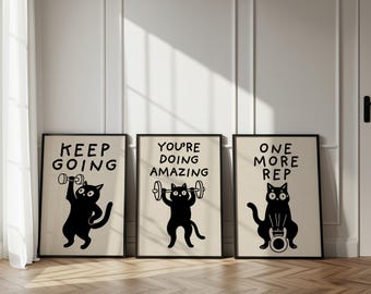Funny Gym Cat Art Set, Black Cat Lifting Weights, Motivational Fitness Prints (Digital Download)