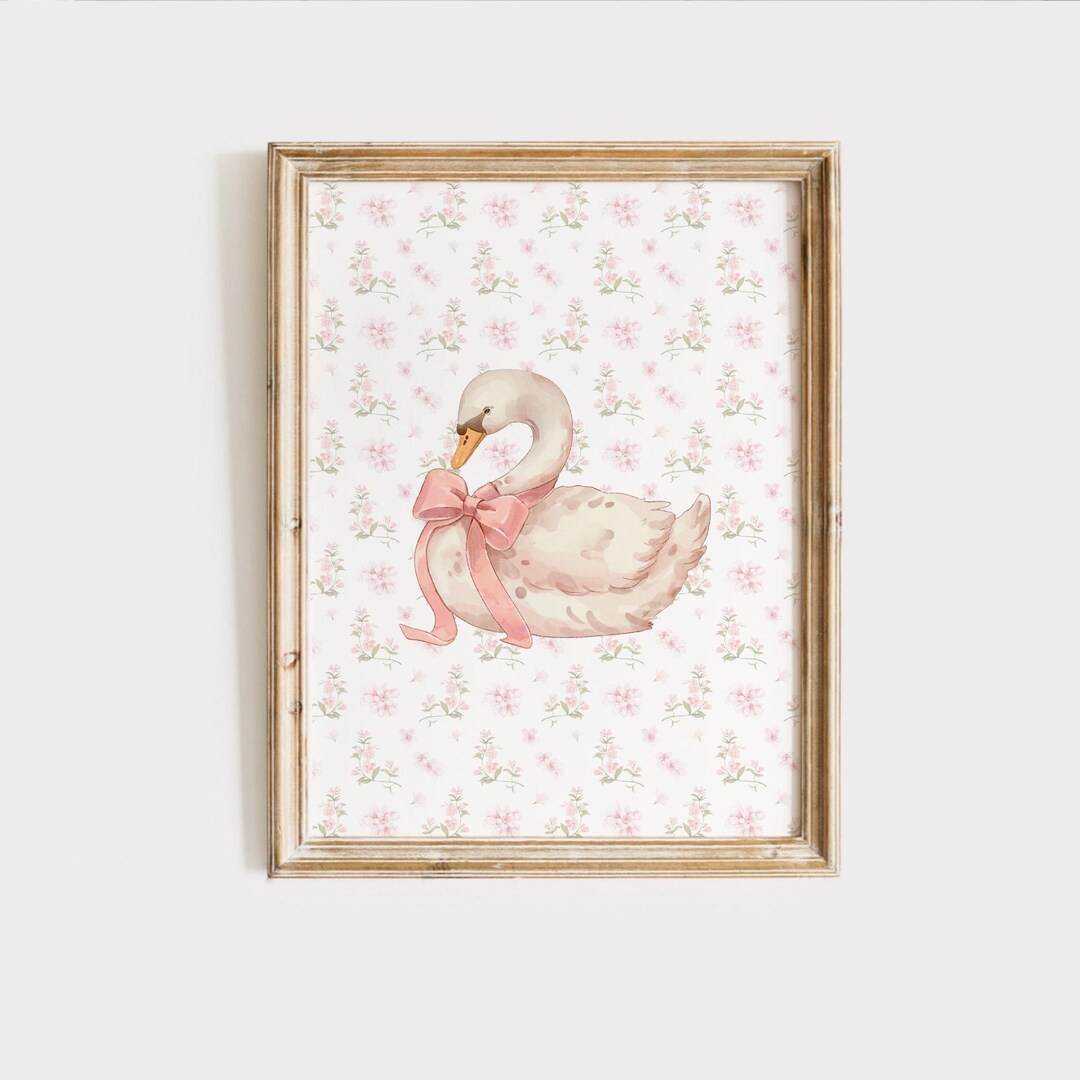 Pink Swan Floral Nursery Print, Coquette Girls Wall Art, Digital ...