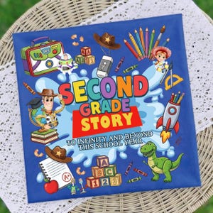 May include: A square blue sign featuring the text SECOND GRADE STORY TO INFINITY AND BEYOND THIS SCHOOL YEAR. The design includes illustrations of a space ranger, a cowboy, a dinosaur, a rocket, alphabet blocks, pencils, and a notebook with an A+.