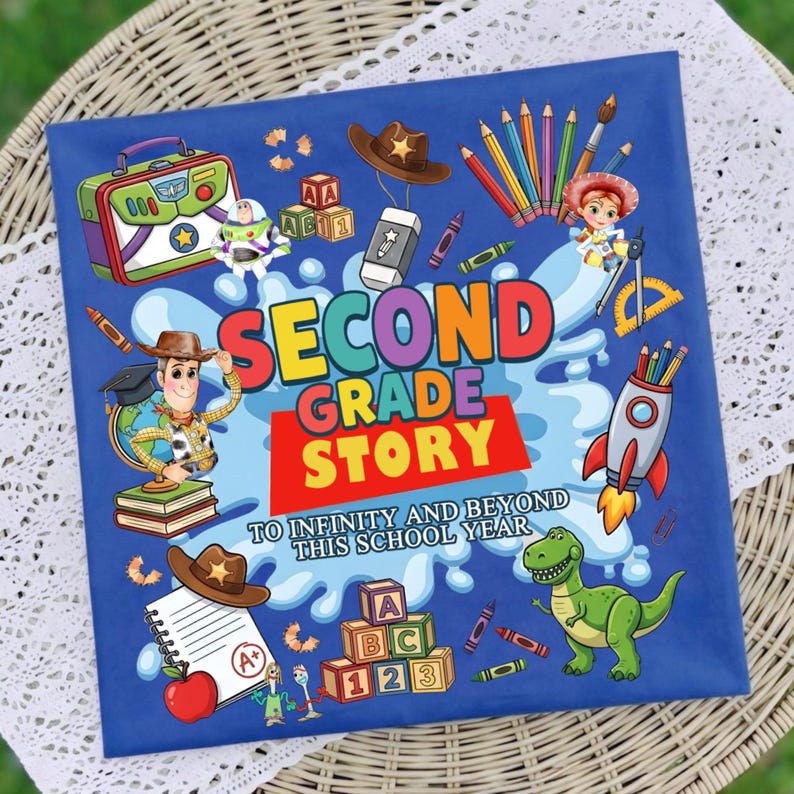 May include: A square blue sign featuring the text SECOND GRADE STORY TO INFINITY AND BEYOND THIS SCHOOL YEAR. The design includes illustrations of a space ranger, a cowboy, a dinosaur, a rocket, alphabet blocks, pencils, and a notebook with an A+.