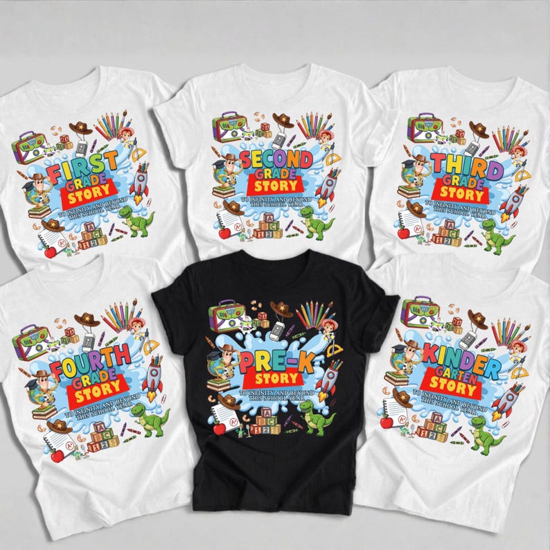 May include: Five t-shirts featuring colourful cartoon graphics with school-themed text including First Grade Story, Second Grade Story, Third Grade Story, Fourth Grade Story, Pre-K Story, and Kindergarten Story, along with illustrations of toys and school supplies.