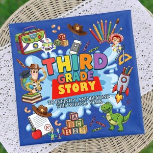 May include: A square blue sign featuring the text THIRD GRADE STORY and TO INFINITY AND BEYOND THIS SCHOOL YEAR. The design includes cartoon characters, alphabet blocks, a lunchbox, pencils, a rocket, a globe, and a notebook with an A+ grade.