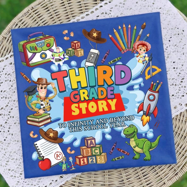 May include: A square blue sign featuring the text THIRD GRADE STORY and TO INFINITY AND BEYOND THIS SCHOOL YEAR. The design includes cartoon characters, alphabet blocks, a lunchbox, pencils, a rocket, a globe, and a notebook with an A+ grade.