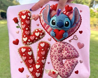 Stitch Love Crochet PNG | Valentine Stitch Sublimation File | Amigurumi Digital Download | Knit Texture Lilo and Stitch Valentine Design