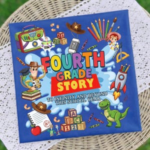 May include: A square blue sign featuring the text FOURTH GRADE STORY TO INFINITY AND BEYOND THIS SCHOOL YEAR. The design includes cartoon characters, a lunchbox, coloured pencils, alphabet blocks, a globe, a rocket, and a dinosaur.