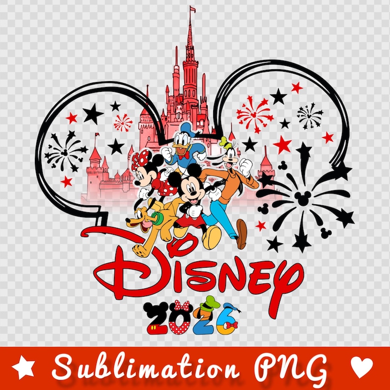K&ouml;nnte beinhalten: Ein farbenfrohes Disney-Motiv mit Mickey Mouse, Minnie Mouse, Donald Duck, Goofy und Pluto, die vor einem Schloss rennen. Das Wort "Disney" ist rot, darunter steht "2026". Schwarze Mickey Mouse Ohren und Feuerwerk umgeben die Charaktere.