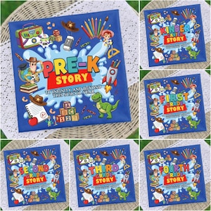 May include: A blue square graduation cap topper featuring a colourful school-themed graphic with cartoon characters, a rocket, pencils, and alphabet blocks. The text reads PRE-K STORY TO INFINITY AND BEYOND THIS SCHOOL YEAR, with variations for other grades.