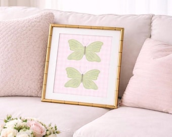 Farfalla verde acquerello arte / Decorazione Grandmillennial a quadretti rosa (PNG)
