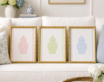 Set di 3 stampe in stile Chinoiserie con vasi di zenzero dai colori pastello, floreali rosa, verdi e blu (download digitale)