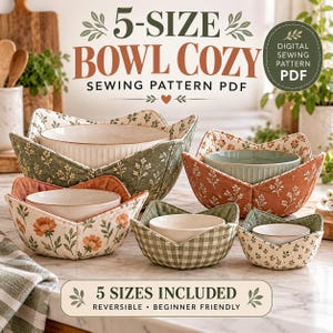 May include: A digital sewing pattern PDF for a 5-size bowl cozy. The image displays five fabric bowl covers in various sizes, featuring floral and gingham patterns in green, orange, and cream, each holding a ceramic bowl.