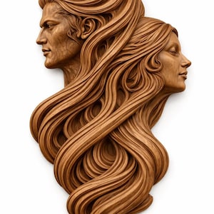 May include: A wooden sculpture of two faces in profile, their long hair flowing together. The sculpture is carved from brown wood and set against a white background. The intricate details of the carving are highlighted in this artwork.