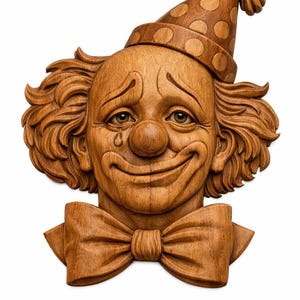 Pode incluir: Escultura em madeira do rosto de um palhaço com expressão triste. O palhaço tem uma lágrima, um nariz vermelho e um chapéu de bolinhas. Uma grande gravata borboleta está na base da escultura. A madeira tem um tom quente e natural.