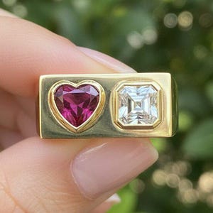 Anel de casamento com rubi em corte coração e corte Asscher, anel de noivado com duas pedras "Toi Et Moi", anel de prata 925 com gema, anel de pedido de casamento unissex