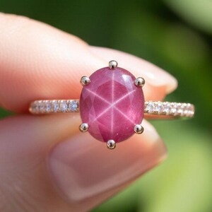 May include: A rose gold ring with an oval ruby gemstone displaying a star pattern. The ruby is held by prongs, and the band is set with small diamonds. The ring is shown against a blurred green backdrop, with the focus on the gemstone.