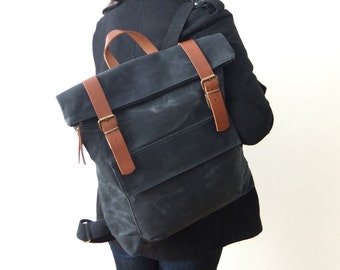 Waxed Canvas Backpack in Black, Gift for Dad, Father's Day Gift Zippered Foldover Closure, Leather Accessories - 15" Laptop - Waterproof Bag