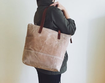 Waxed Canvas Tote in Beige - Brown Leather Handles - Dotted Lining - Shoulder Bag - Handbag - Men Bag - Men Tote