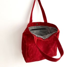 Red Waxed Canvas Tote Bag - Market Bag - Everyday Bag - Striped Lining - Magnetic Clasp