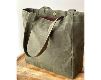 Waxed Canvas Tote Bag - Vegan Tote Bag - Market Bag - Everyday Bag - Military Green