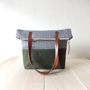 Zippered Tote Bag Herringbone Tweed Waxed Canvas Base in Olive Green Leather Handles in Brown Natural Lining Shoulder Bag image 4