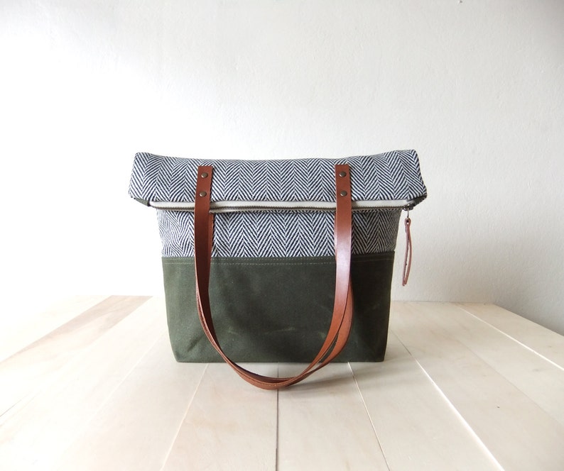 Zippered Tote Bag Herringbone Tweed Waxed Canvas Base in Olive Green Leather Handles in Brown Natural Lining Shoulder Bag image 4