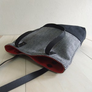 Black Waxed Canvas Tote Bag Black Tweed Black Leather Straps Handmade Shoulder Tote Bag Red Lining Women Handbag image 2