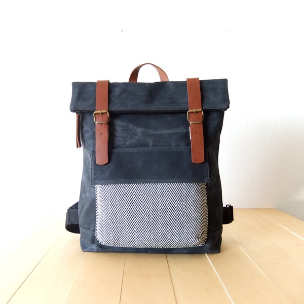 Waxed Canvas Backpack in Black - Father Days Gift - Tweed Pocket - Leather Accessories - 15" Laptop - Waterproof Bag