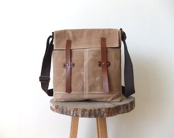 Beige Waxed Canvas Messenger Bag - Leather Closures - Father Days Gift - Everyday Shoulder Bag - Waterproof - Handbag