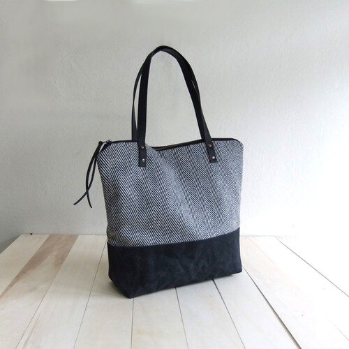 Black Waxed Canvas Tote Bag Black Tweed Black Leather Straps - Etsy