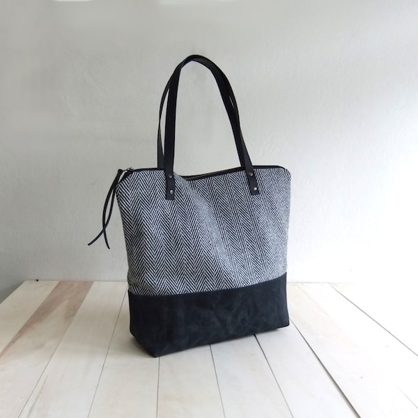 Large Zippered Black  Waxed Canvas Tote Bag Black Tweed Black Leather Straps Handmade Shoulder Tote Bag Red Lining Women Handbag