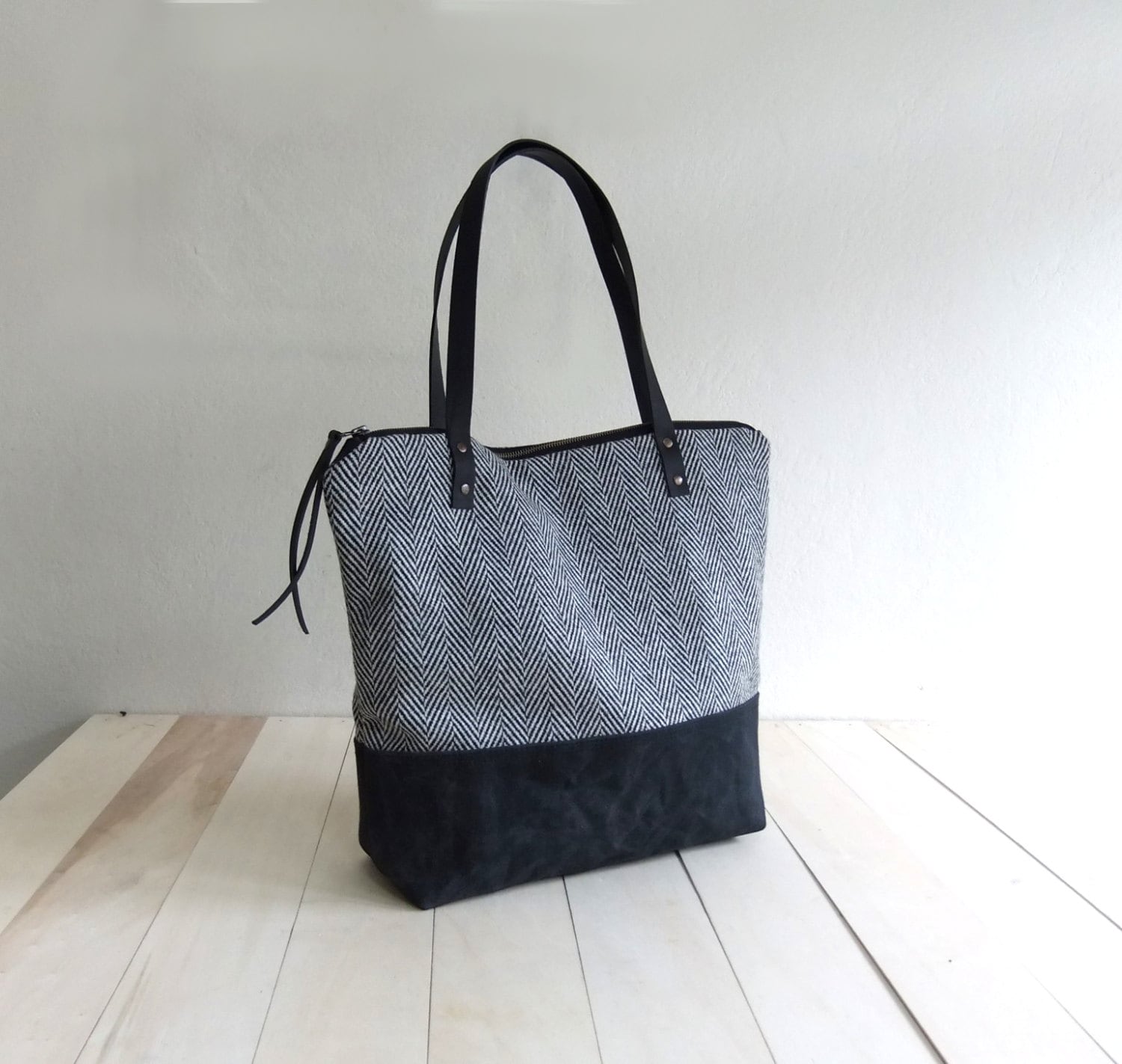 Large Zippered Black Waxed Canvas Tote Bag Black Tweed Black - Etsy