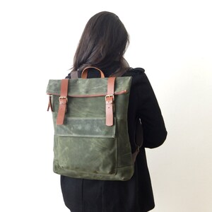 Waxed Canvas Backpack in Olive Green - Father Days Gift - Brown Zipper - Leather Accessories - 15" Laptop - Waterproof Bag