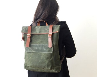 Waxed Canvas Backpack in Olive Green - Father Days Gift - Brown Zipper - Leather Accessories - 15" Laptop - Waterproof Bag