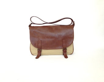 Messenger sac en cuir et toile naturel brun sac de sac à main sac à bandoulière