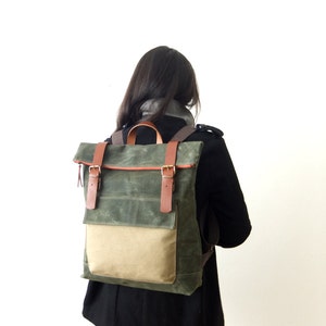 Waxed Canvas Backpack in Olive Green Adjustable Cotton Straps Orange Zipper Leather Accessories 15 Laptop-Waterproof image 2