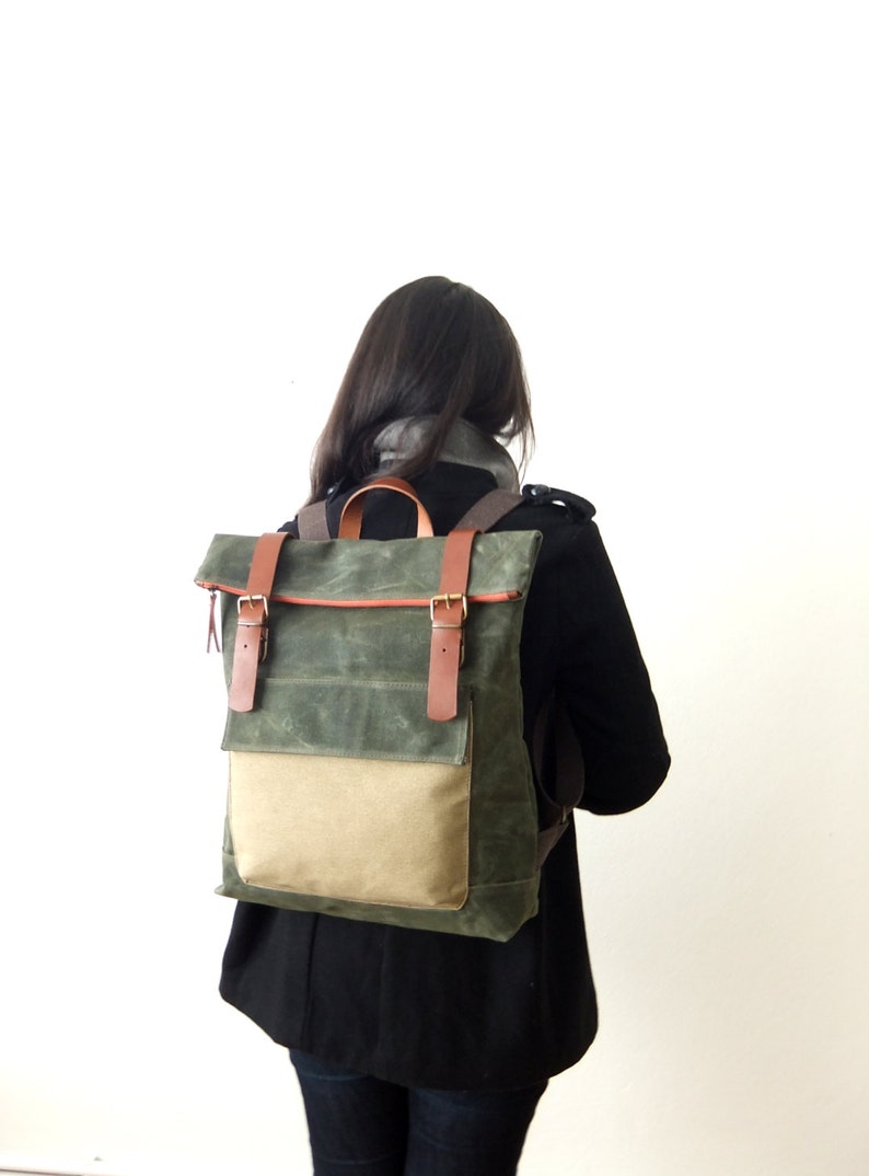 Waxed Canvas Backpack in Olive Green Adjustable Cotton Straps Orange Zipper Leather Accessories 15 Laptop-Waterproof image 2